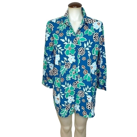 Banana Republic Print Split Back Blouse Flower Print Blue 💙 - Picture 1 of 9